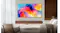 Samsung TV wall-mounted in a modern living room with a sofa, chair, and wooden panel backdrop Samsung TV wall-mounted in a modern living room with a sofa, chair, and wooden panel backdrop