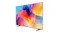 Angled view of a Samsung TV displaying a colourful abstract image on a slim screen with a minimalist stand Angled view of a Samsung TV displaying a colourful abstract image on a slim screen with a minimalist stand