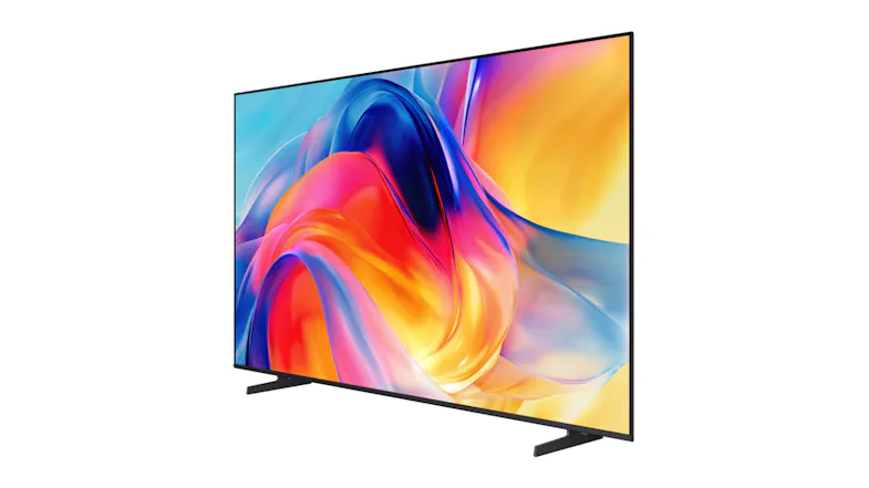 Angled view of a Samsung TV displaying a colourful abstract image on a slim screen with a minimalist stand Angled view of a Samsung TV displaying a colourful abstract image on a slim screen with a minimalist stand