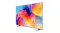Angled view of a Samsung TV displaying a colourful abstract image on a slim screen with a minimalist stand Angled view of a Samsung TV displaying a colourful abstract image on a slim screen with a minimalist stand
