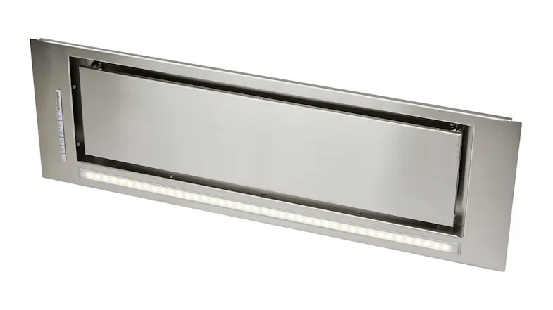 A stainless steel kitchen rangehood with slide-out panel and front LED light bar A stainless steel kitchen rangehood with slide-out panel and front LED light bar