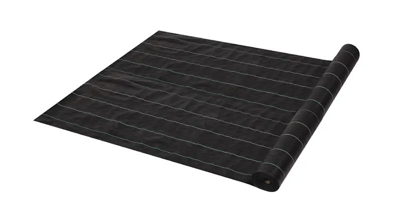 Roll of black Lambu Garden weed control fabric, partially unrolled, with thin green stripes Roll of black Lambu Garden weed control fabric, partially unrolled, with thin green stripes