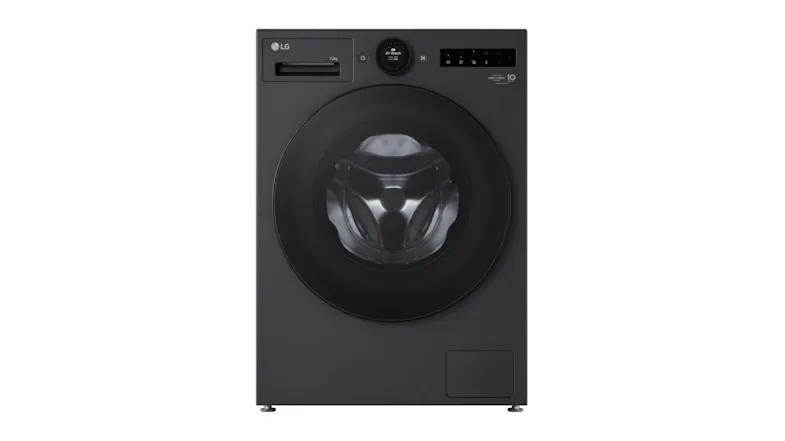 Front view of a dark graphite LG Series 10 12kg front-load washing machine with a large circular door and a top control panel Front view of a dark graphite LG Series 10 12kg front-load washing machine with a large circular door and a top control panel