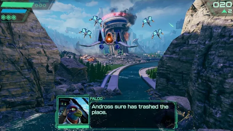 A gameplay battle scene with an Arwing ship attacking drones near Canyon City, Falco's dialogue visible on the HUD display A gameplay battle scene with an Arwing ship attacking drones near Canyon City, Falco's dialogue visible on the HUD display