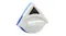 Close-up of a triangular Cleanflo Magnetic dual-sided window cleaner with a white body, blue edge, and black scrub pad Close-up of a triangular Cleanflo Magnetic dual-sided window cleaner with a white body, blue edge, and black scrub pad