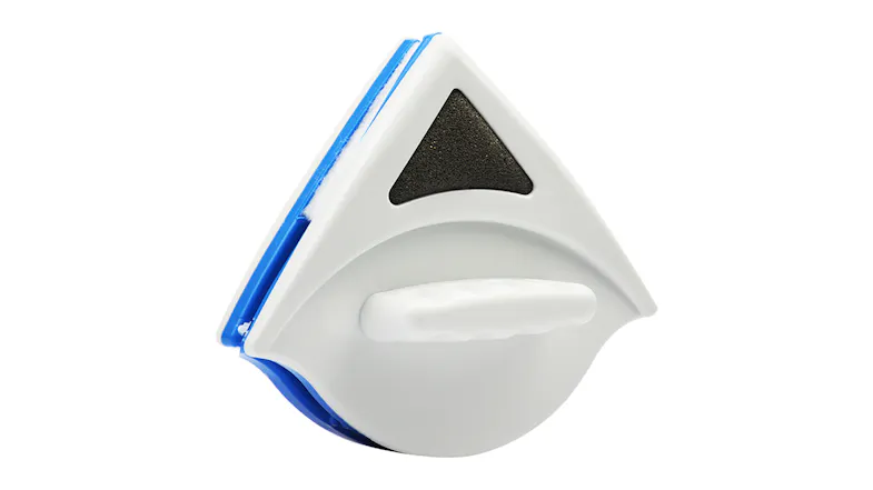 Close-up of a triangular Cleanflo Magnetic dual-sided window cleaner with a white body, blue edge, and black scrub pad Close-up of a triangular Cleanflo Magnetic dual-sided window cleaner with a white body, blue edge, and black scrub pad