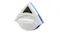 Angled view of a triangular Cleanflo magnetic window cleaner showing a white plastic frame, blue trim, and a textured black pad Angled view of a triangular Cleanflo magnetic window cleaner showing a white plastic frame, blue trim, and a textured black pad
