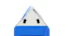 Top view of a triangular cleaning pad with a white fabric surface and blue trim, showing attachment points Top view of a triangular cleaning pad with a white fabric surface and blue trim, showing attachment points