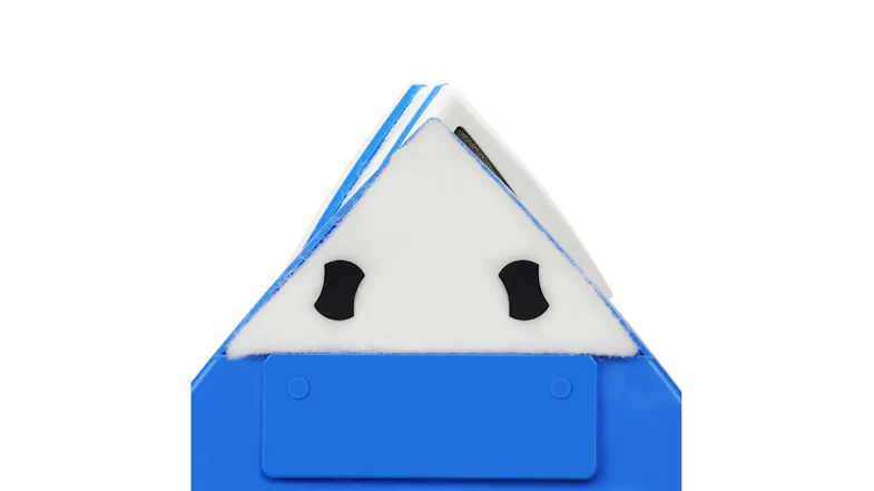 Top view of a triangular cleaning pad with a white fabric surface and blue trim, showing attachment points Top view of a triangular cleaning pad with a white fabric surface and blue trim, showing attachment points
