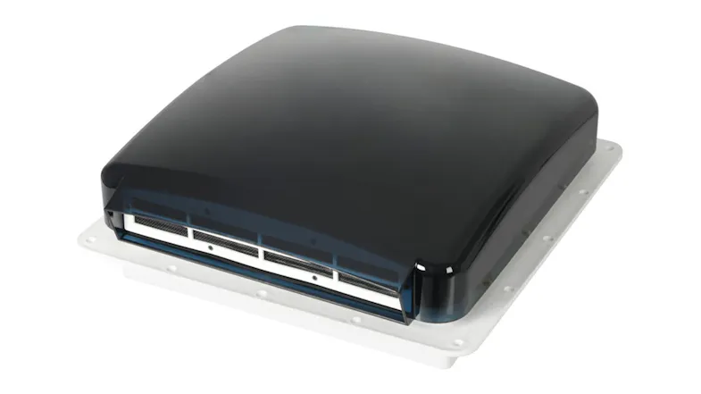 Black RV roof vent cover with a low-profile design mounted on a white base Black RV roof vent cover with a low-profile design mounted on a white base