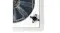 Close-up of RV roof vent fan with mesh screen, fan blades, and manual knob control Close-up of RV roof vent fan with mesh screen, fan blades, and manual knob control