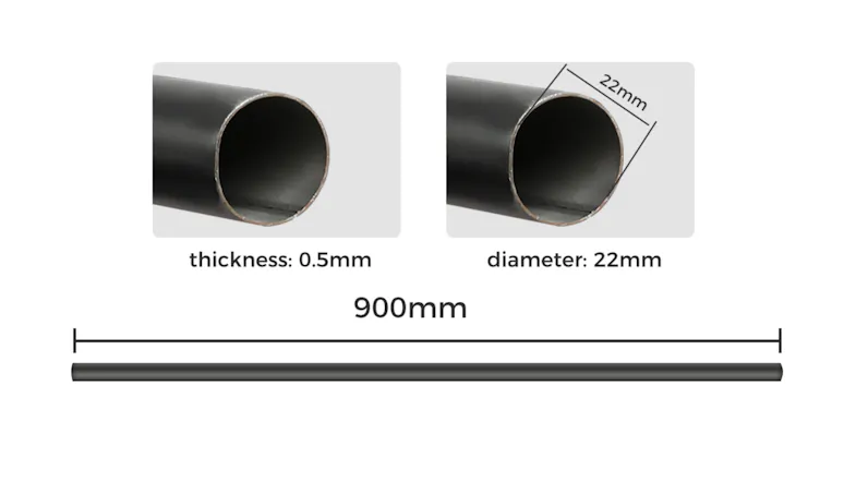 Curtain rod specifications diagram showing a 900 mm length, 22 mm diameter, and 0.5 mm thickness, with tube cutaways Curtain rod specifications diagram showing a 900 mm length, 22 mm diameter, and 0.5 mm thickness, with tube cutaways