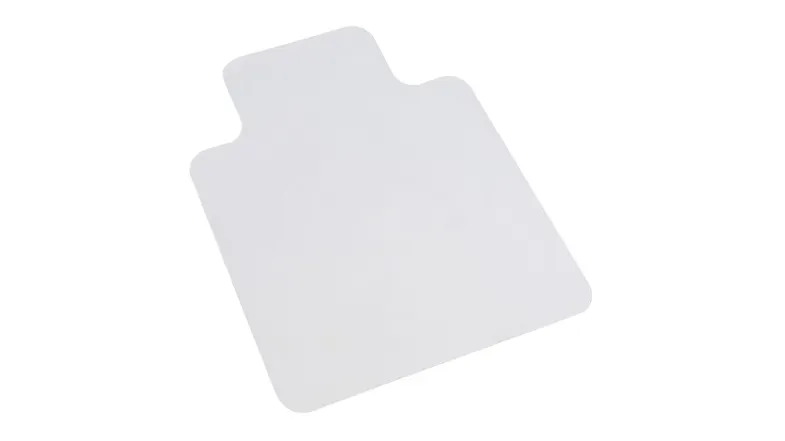 A left-angled view of the Marlow square PVC chair mat with rounded corners and a clear finish A left-angled view of the Marlow square PVC chair mat with rounded corners and a clear finish