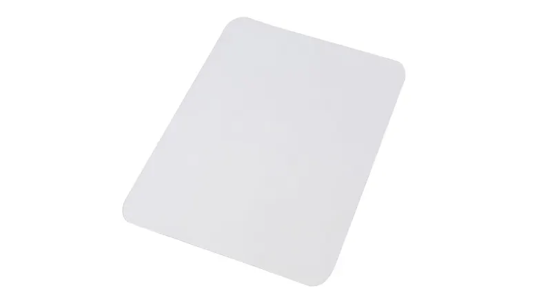 Angled view of the Marlow square chair mat with rounded corners, clear PVC material, and subtle pin texture Angled view of the Marlow square chair mat with rounded corners, clear PVC material, and subtle pin texture
