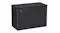 Black Haier chest freezer, three-quarter view with the lid closed and the front digital control panel visible Black Haier chest freezer, three-quarter view with the lid closed and the front digital control panel visible