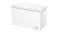 Angled view of a white Haier chest freezer with a hinged lid and front handle Angled view of a white Haier chest freezer with a hinged lid and front handle