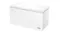 Angled view of a white Haier chest freezer with a hinged lid and front handle Angled view of a white Haier chest freezer with a hinged lid and front handle