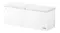 Angled view of a white Haier chest freezer with a hinged lid and front handle Angled view of a white Haier chest freezer with a hinged lid and front handle
