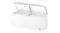 An angled view of the Haier chest freezer with a raised lid, showing a large interior and a side ventilation panel An angled view of the Haier chest freezer with a raised lid, showing a large interior and a side ventilation panel