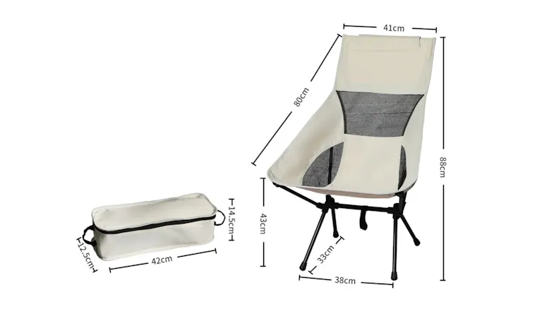 Lightweight camping chair with a dimension guide and a carry bag Lightweight camping chair with a dimension guide and a carry bag