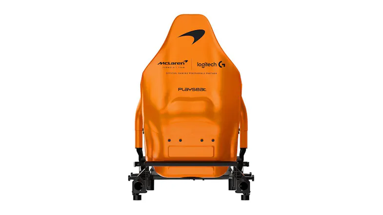 Rear view of a racing seat featuring partner logos Rear view of a racing seat featuring partner logos