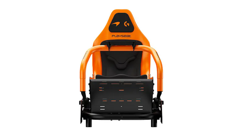 Front view of a Playseat racing cockpit showing the pedal plate Front view of a Playseat racing cockpit showing the pedal plate