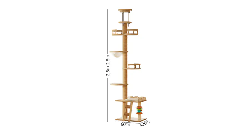 A tall cat tree with dimensions shown: 2.5–2.8 m in height and a 60 × 40 cm base footprint A tall cat tree with dimensions shown: 2.5–2.8 m in height and a 60 × 40 cm base footprint