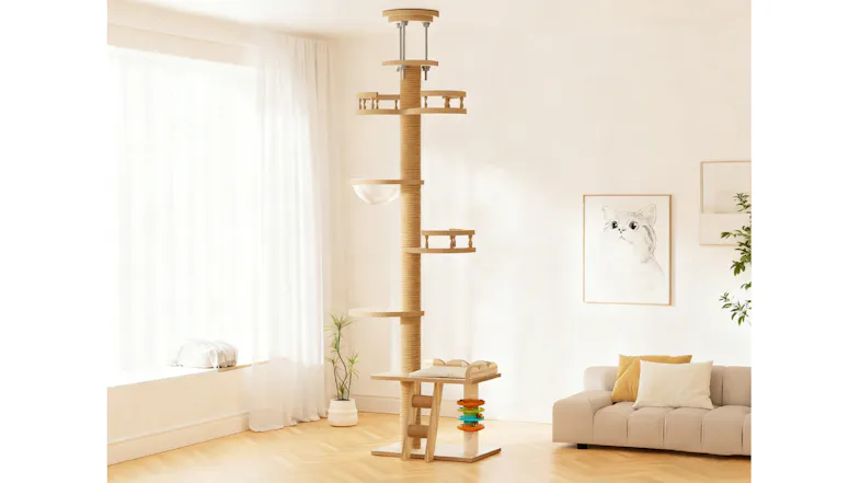 A floor-to-ceiling wooden cat tree in a bright living room, featuring platforms, scratching posts, a hammock, and a ladder A floor-to-ceiling wooden cat tree in a bright living room, featuring platforms, scratching posts, a hammock, and a ladder