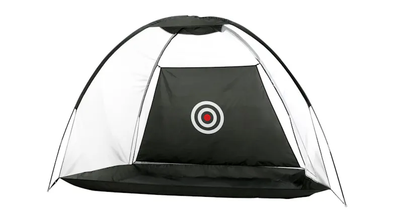 Angled view of a golf practice net with a bullseye target Angled view of a golf practice net with a bullseye target