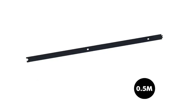 Black metal strip with two holes and notched ends, 0.5m mounting rail or support bar Black metal strip with two holes and notched ends, 0.5m mounting rail or support bar