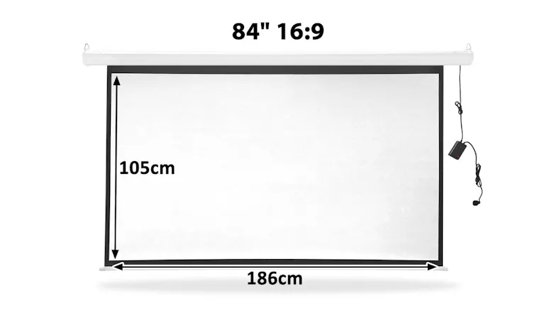 84-inch 16:9 projector screen with black border, 105cm height and 186cm width, hanging with corded remote 84-inch 16:9 projector screen with black border, 105cm height and 186cm width, hanging with corded remote