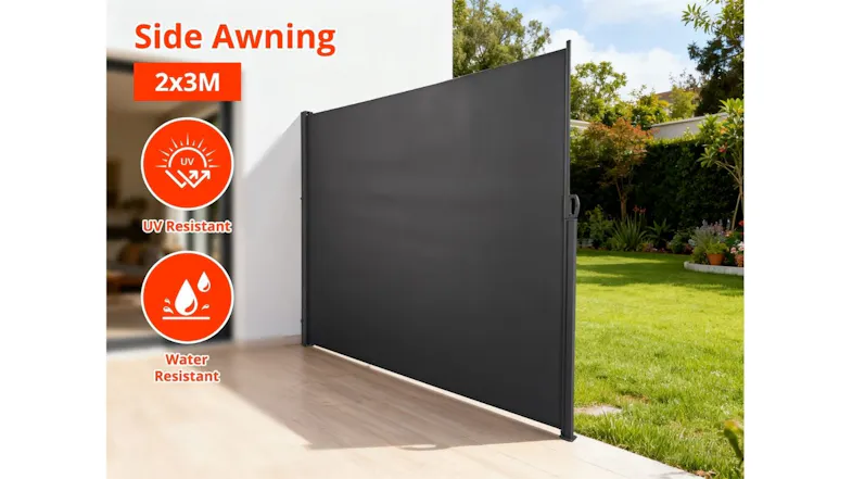 Outdoor side awning, showing UV and water resistance icons, used as a privacy screen along a patio lawn area Outdoor side awning, showing UV and water resistance icons, used as a privacy screen along a patio lawn area