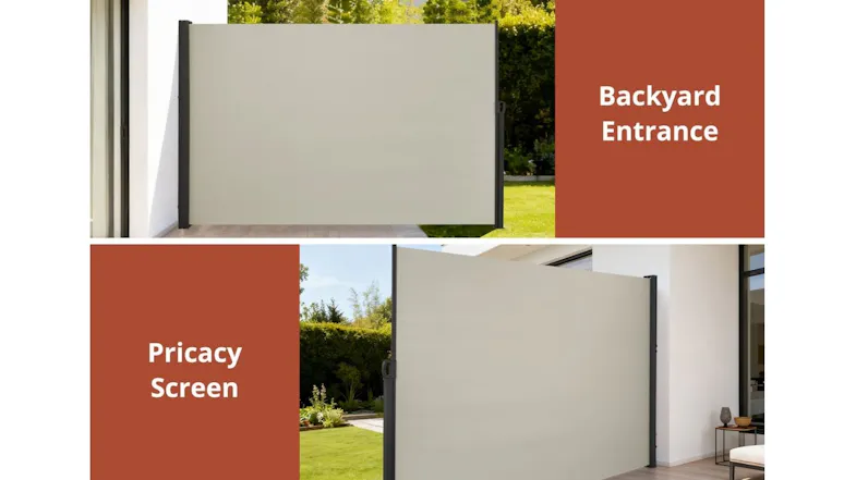 Side awning fabric displayed outdoors in sunny and rainy conditions, demonstrating UV protection and water-resistant performance Side awning fabric displayed outdoors in sunny and rainy conditions, demonstrating UV protection and water-resistant performance