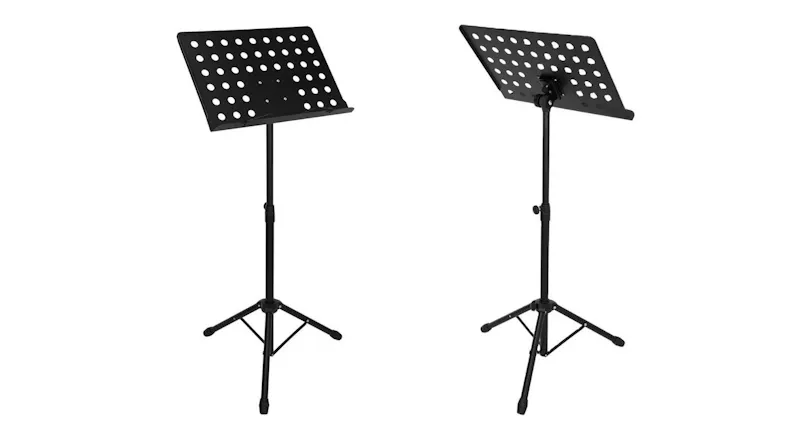 A side-by-side view of a black folding music stand with a perforated metal sheet holder and sturdy tripod base A side-by-side view of a black folding music stand with a perforated metal sheet holder and sturdy tripod base
