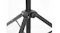 A close-up view of a music stand tripod base showing reinforced joints, a tightening knob, and stable metal legs A close-up view of a music stand tripod base showing reinforced joints, a tightening knob, and stable metal legs