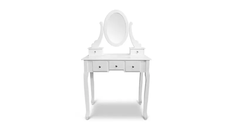 Front view of the vanity table with oval mirror and five drawers Front view of the vanity table with oval mirror and five drawers