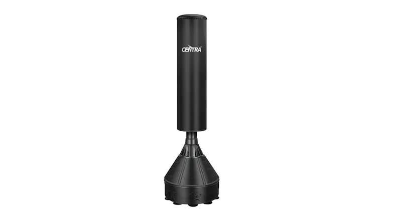 Freestanding black Centra hanging punching bag with a cylindrical top and a weighted base, branded “Centra” Freestanding black Centra hanging punching bag with a cylindrical top and a weighted base, branded “Centra”