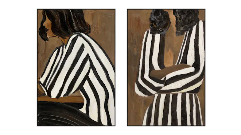Abstract painting of a woman in black-and-white striped clothing, standing with arms intertwined Abstract painting of a woman in black-and-white striped clothing, standing with arms intertwined