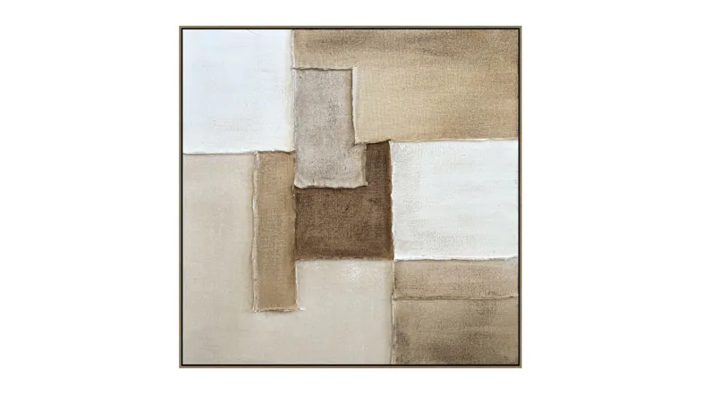 Modern abstract textile-style artwork with layered rectangular panels in cream, tan, and brown, showing visible fabric-like textures Modern abstract textile-style artwork with layered rectangular panels in cream, tan, and brown, showing visible fabric-like textures