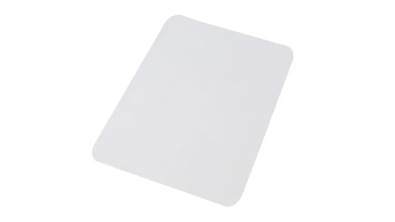 A left-angled view of the Marlow square PVC chair mat with rounded corners and a clear finish A left-angled view of the Marlow square PVC chair mat with rounded corners and a clear finish