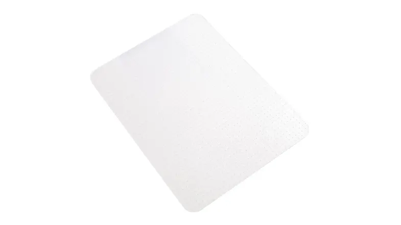 Angled view of the Marlow square chair mat with rounded corners, clear PVC material, and subtle pin texture Angled view of the Marlow square chair mat with rounded corners, clear PVC material, and subtle pin texture