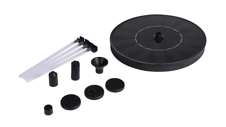 Marlow solar fountain kit parts: round panel, tubes, connectors, and multiple nozzle heads Marlow solar fountain kit parts: round panel, tubes, connectors, and multiple nozzle heads