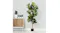 Faux fiddle leaf fig plant in a black pot next to a wooden cabinet with small potted plants on top Faux fiddle leaf fig plant in a black pot next to a wooden cabinet with small potted plants on top