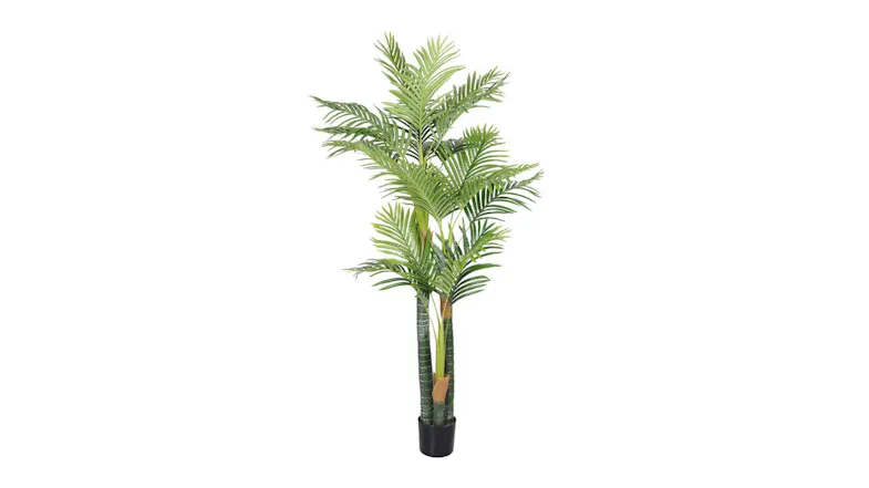 Artificial Palm leaf plant with three stems and glossy green leaves in a black pot Artificial Palm leaf plant with three stems and glossy green leaves in a black pot