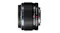 Side profile of a black Olympus 25mm camera lens with focus ring, markings, and red alignment dot Side profile of a black Olympus 25mm camera lens with focus ring, markings, and red alignment dot