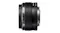 Side view of a compact black Olympus 17mm camera lens with textured focus ring Side view of a compact black Olympus 17mm camera lens with textured focus ring