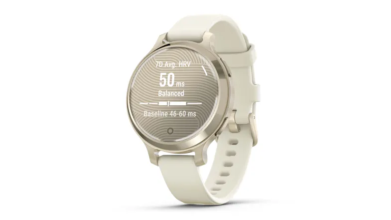 Smartwatch showing HRV status, with a 7-day average of 50 ms, marked as balanced, with a baseline range of 46–60 ms Smartwatch showing HRV status, with a 7-day average of 50 ms, marked as balanced, with a baseline range of 46–60 ms