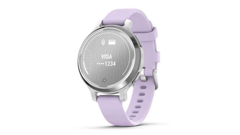 Silver Case and Purple Jasmine smartwatch showing a contactless payment interface with a Visa card and wireless icon Silver Case and Purple Jasmine smartwatch showing a contactless payment interface with a Visa card and wireless icon