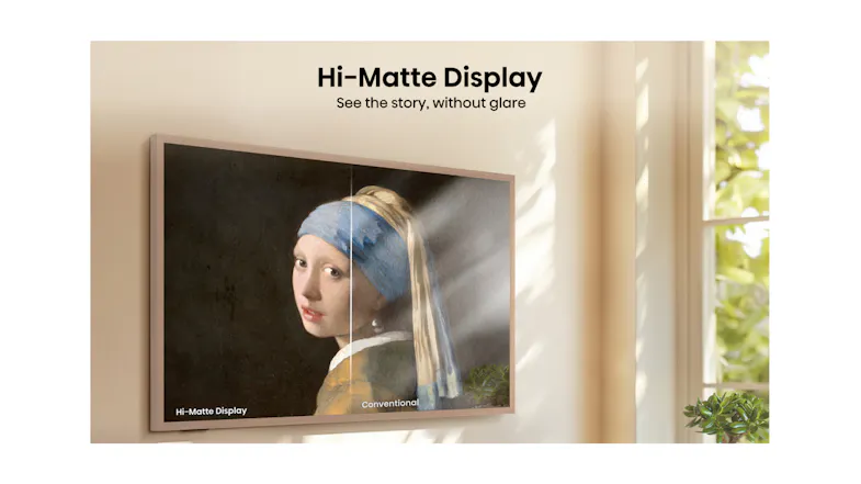Framed TV showing Girl with a Pearl Earring, with a Hi-Matte Display glare comparison near a sunny window Framed TV showing Girl with a Pearl Earring, with a Hi-Matte Display glare comparison near a sunny window