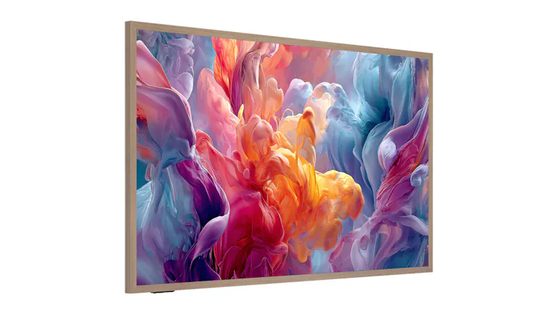 Framed Hisense Canvas TV with a wood bezel, displaying vivid abstract art in pink, orange, and blue tones Framed Hisense Canvas TV with a wood bezel, displaying vivid abstract art in pink, orange, and blue tones